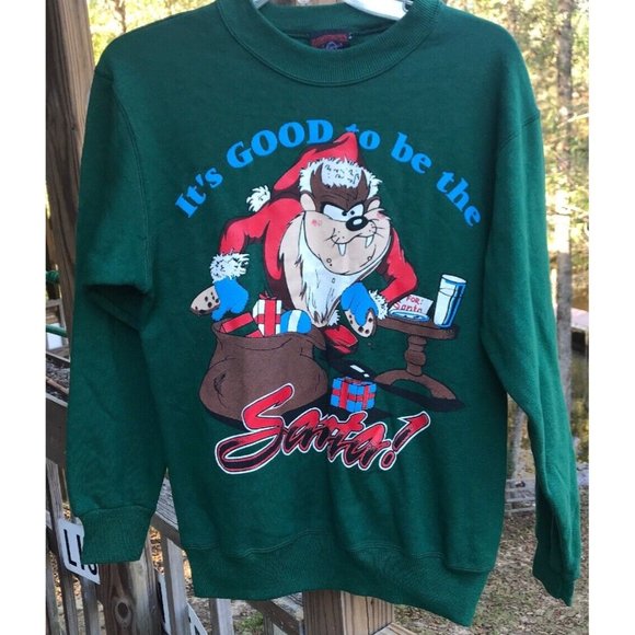 Taz Tasmanian Devil Santa Clause Looney Toons Green Sweatshirt S/M - Picture 1 of 5